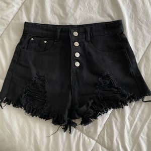 Black destroyed denim high waist shorts